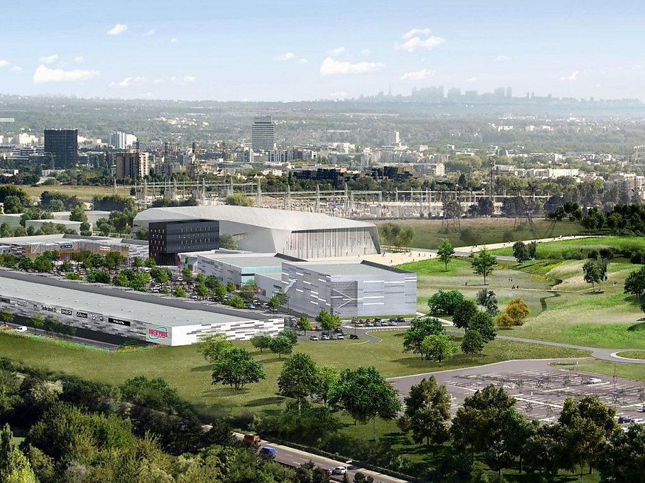 Vue d'ensemble projetée de la zone d'activité commerciale et de loisirs de la Plaine des Linandes, avec l'Aren'Park, Koezio, l'Aren'Ice... - voir en plus grand : (fenêtre modale)