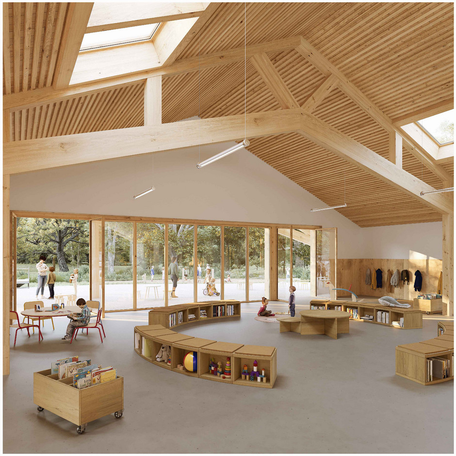 Projection du nouvel ALSH du Bois de Cergy, vue intérieure de l'espace intérieur polyvalent - voir en plus grand : (fenêtre modale)